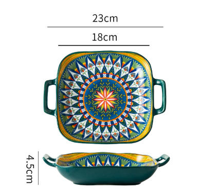 9-Inch Bohemian Ceramic Double-Handled Square Plate – Ember