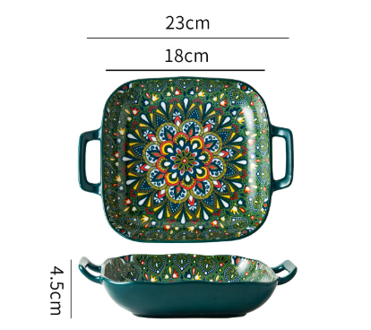 9-Inch Bohemian Ceramic Double-Handled Square Plate – Emerald Plume