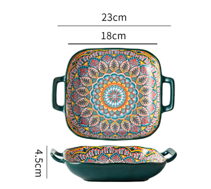 9-Inch Bohemian Ceramic Double-Handled Square Plate – view 1