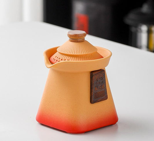 Artisan Ceramic Tea Pot with Built-in Strainer - 280ml, Gradient Finish & Wooden Accents – Yellow+red