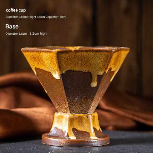 Artistic Hexagonal Ceramic Coffee Cup & Stand Set - 180ml Nordic Design Drip Glaze Mug – Brown and Gold