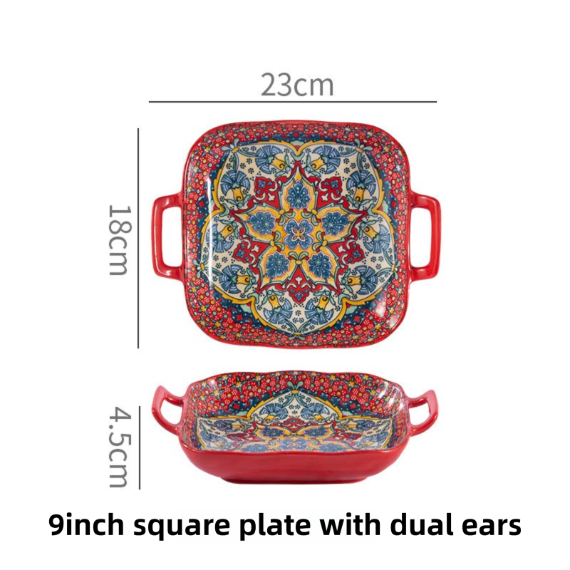 9-Inch Underglaze Ceramic Square Serving Plate with Dual Handles - Microwave and Oven Safe Pasta & Fruit Tray – Isdir Style