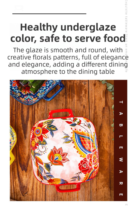 9-Inch Underglaze Ceramic Square Serving Plate with Dual Handles - Microwave and Oven Safe Pasta & Fruit Tray – view 2
