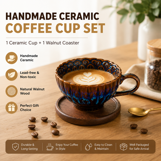 Handmade Ceramic Coffee Cup Set with Walnut Coaster – Blue