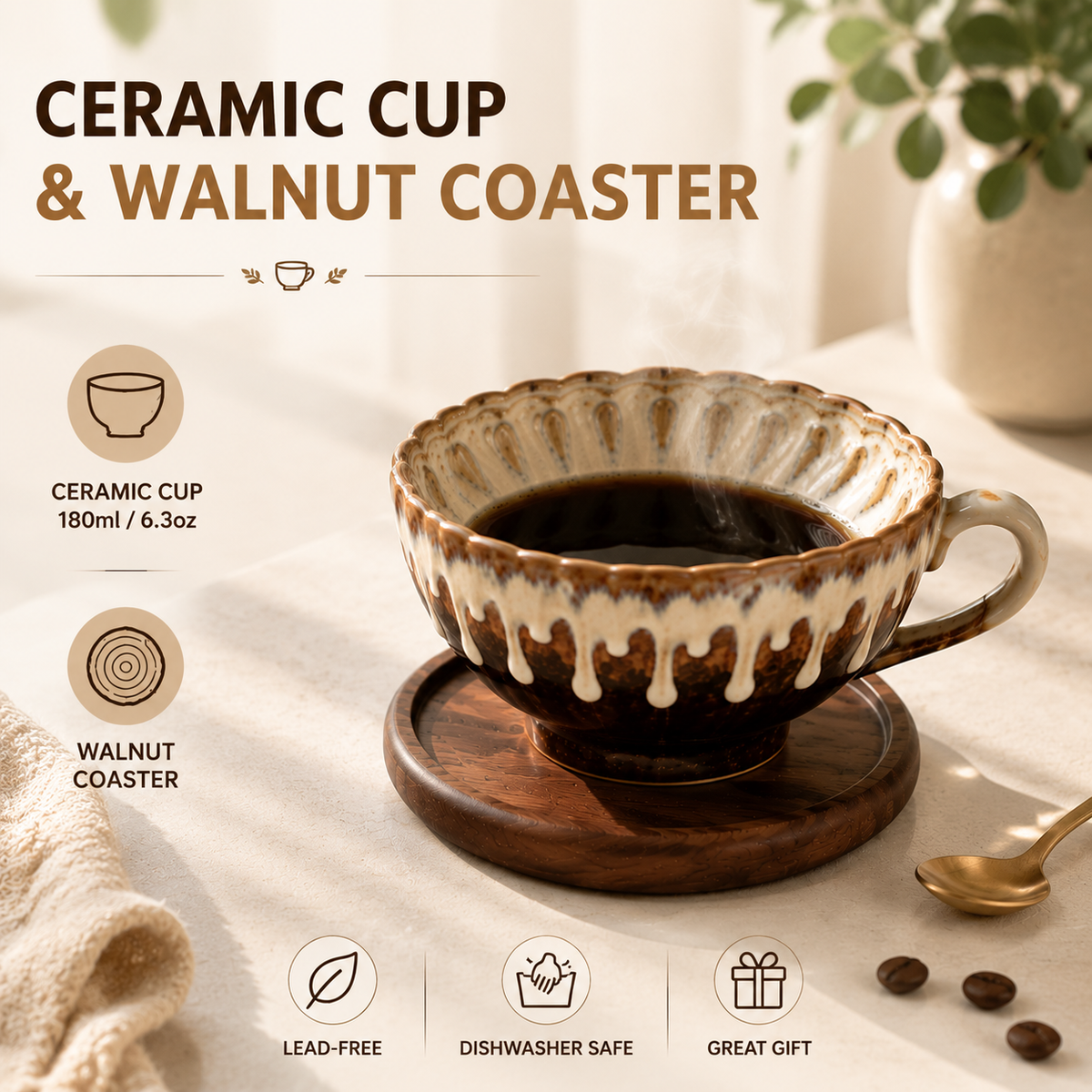 Handmade Ceramic Coffee Cup Set with Walnut Coaster – view 1