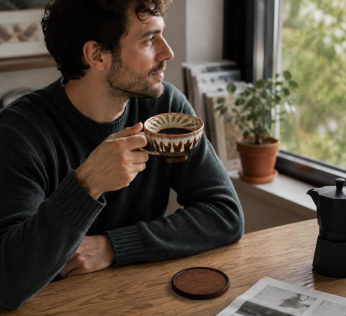 Handmade Ceramic Coffee Cup Set with Walnut Coaster – view 2