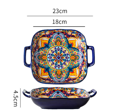 9-Inch Bohemian Ceramic Double-Handled Square Plate – Kalia