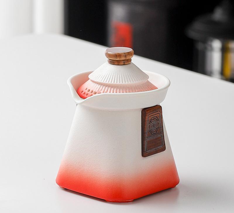 Artisan Ceramic Tea Pot with Built-in Strainer - 280ml, Gradient Finish & Wooden Accents – White+red