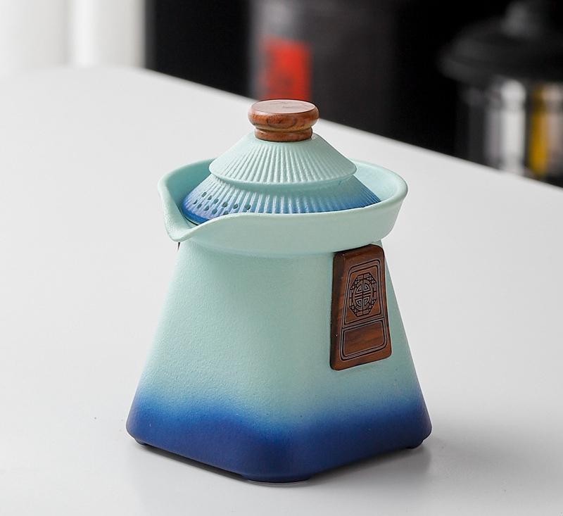 Artisan Ceramic Tea Pot with Built-in Strainer - 280ml, Gradient Finish & Wooden Accents – Blue+green