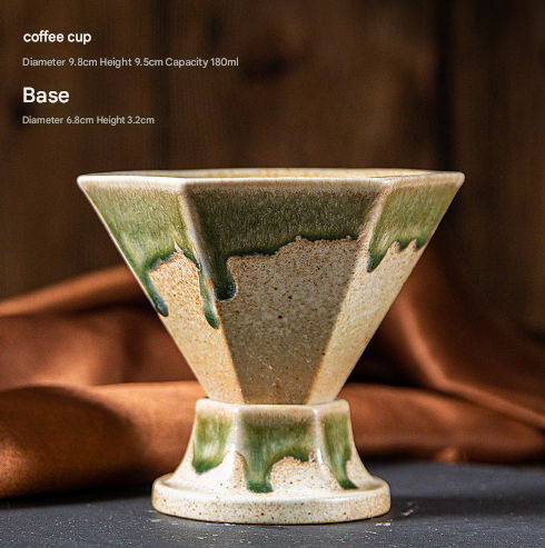 Artistic Hexagonal Ceramic Coffee Cup & Stand Set - 180ml Nordic Design Drip Glaze Mug – Beige and Green