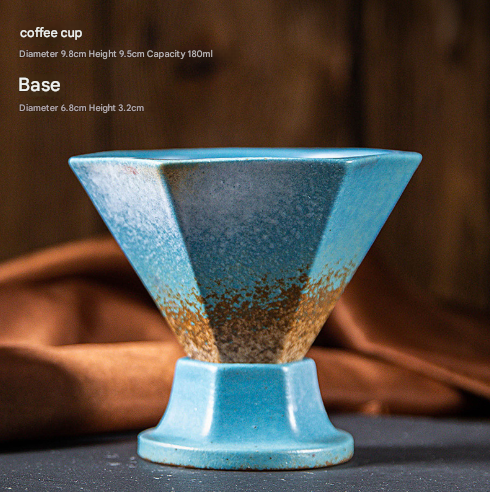 Artistic Hexagonal Ceramic Coffee Cup & Stand Set - 180ml Nordic Design Drip Glaze Mug – Blue and Brown