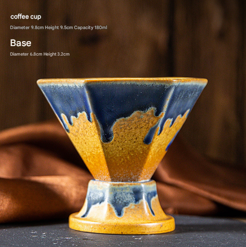 Artistic Hexagonal Ceramic Coffee Cup & Stand Set - 180ml Nordic Design Drip Glaze Mug – Blue and Gold
