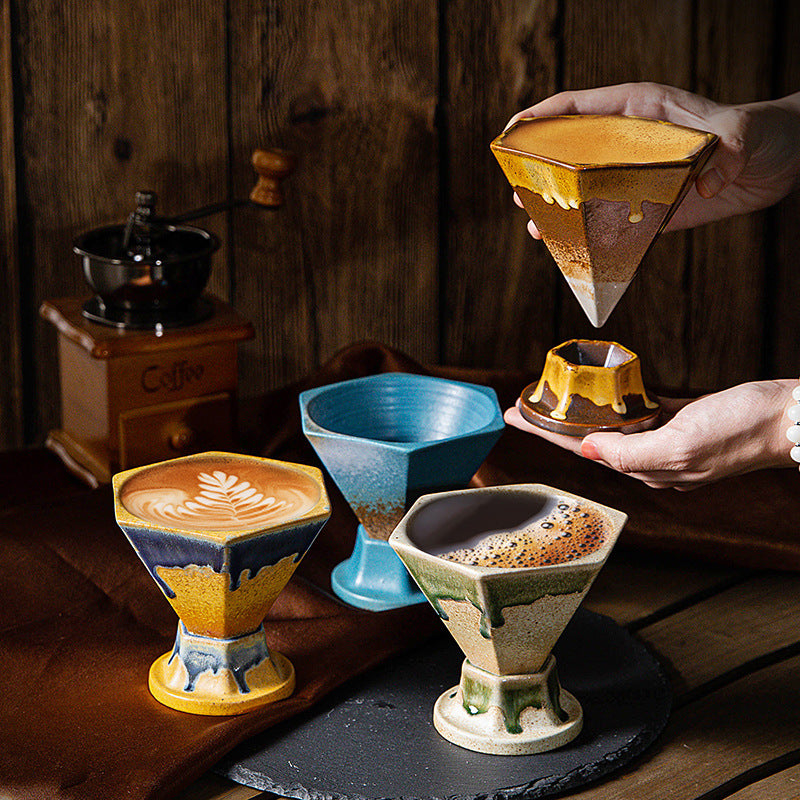 Artistic Hexagonal Ceramic Coffee Cup & Stand Set - 180ml Nordic Design Drip Glaze Mug – view 2