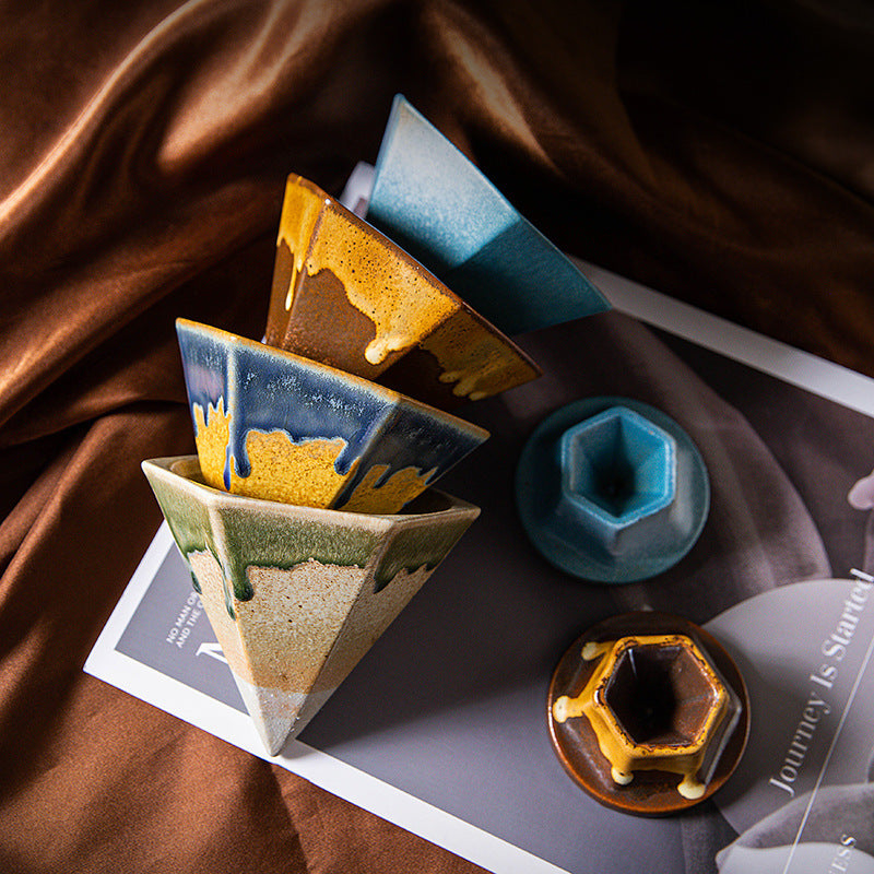 Artistic Hexagonal Ceramic Coffee Cup & Stand Set - 180ml Nordic Design Drip Glaze Mug – view 3