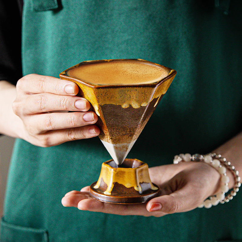 Artistic Hexagonal Ceramic Coffee Cup & Stand Set - 180ml Nordic Design Drip Glaze Mug – view 4