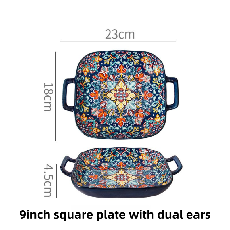 9-Inch Underglaze Ceramic Square Serving Plate with Dual Handles - Microwave and Oven Safe Pasta & Fruit Tray – Baroque