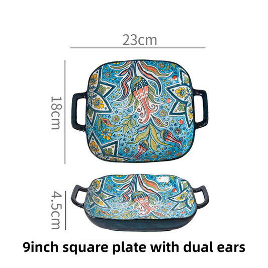 9-Inch Underglaze Ceramic Square Serving Plate with Dual Handles - Microwave and Oven Safe Pasta & Fruit Tray – Glandot Style