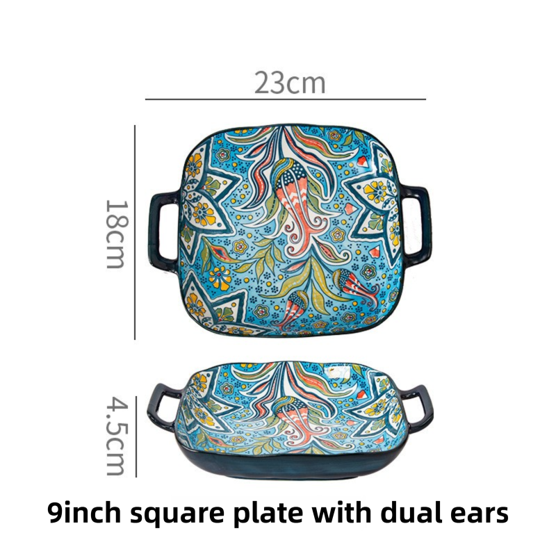 9-Inch Underglaze Ceramic Square Serving Plate with Dual Handles - Microwave and Oven Safe Pasta & Fruit Tray – view 1