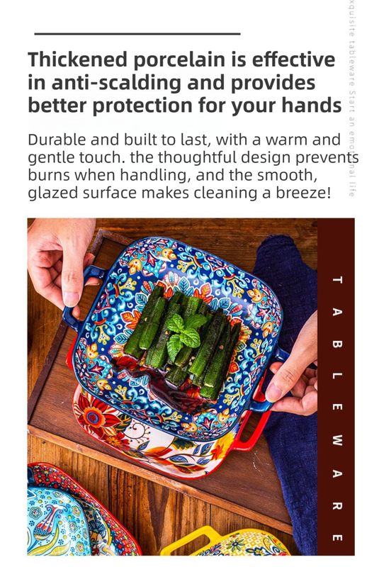 9-Inch Underglaze Ceramic Square Serving Plate with Dual Handles - Microwave and Oven Safe Pasta & Fruit Tray – view 3