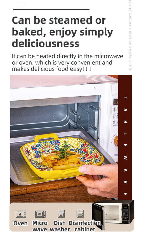 9-Inch Underglaze Ceramic Square Serving Plate with Dual Handles - Microwave and Oven Safe Pasta & Fruit Tray – view 4