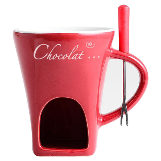 European Style Ceramic Chocolate & Cheese Melter Set - 200ml Mini Melting Mug & Fork – Red