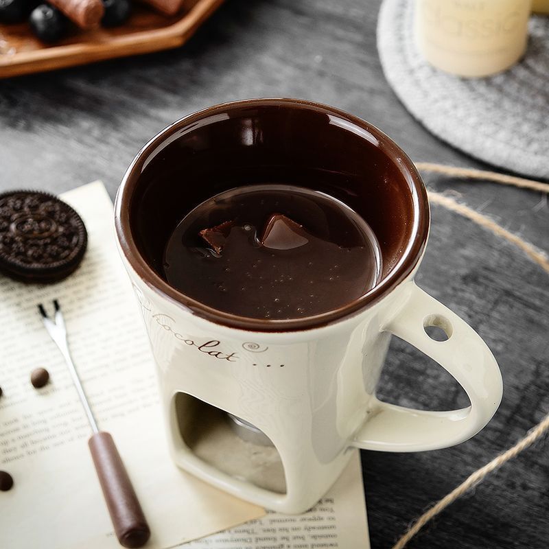 European Style Ceramic Chocolate & Cheese Melter Set - 200ml Mini Melting Mug & Fork – White