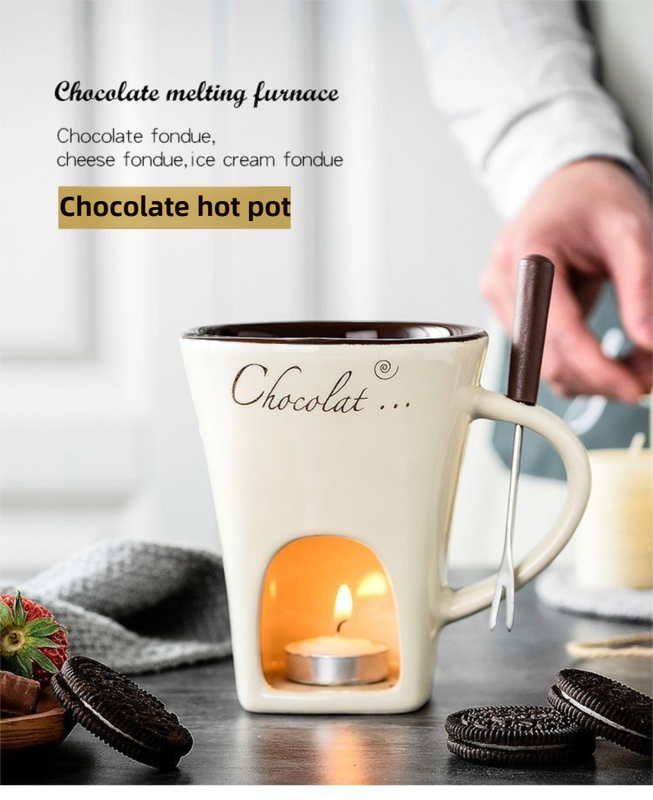 European Style Ceramic Chocolate & Cheese Melter Set - 200ml Mini Melting Mug & Fork – view 2