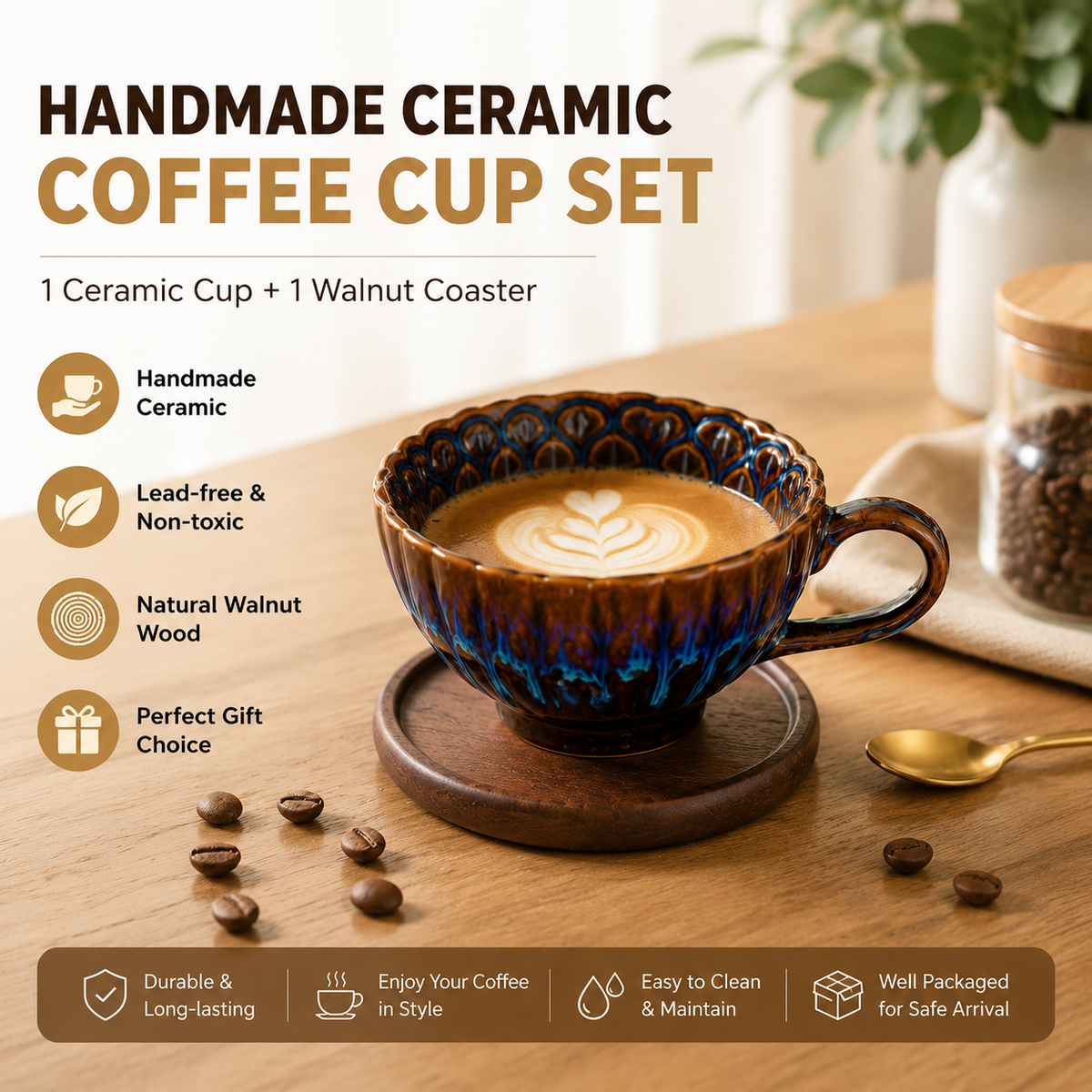 Handmade Ceramic Coffee Cup Set with Walnut Coaster – Blue