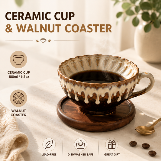 Handmade Ceramic Coffee Cup Set with Walnut Coaster – Brown and white