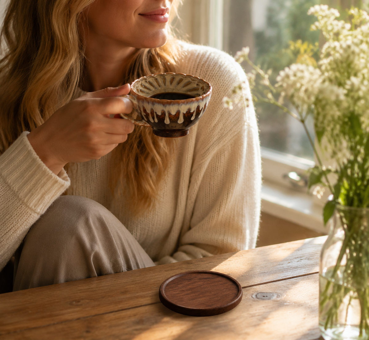 Handmade Ceramic Coffee Cup Set with Walnut Coaster – view 4
