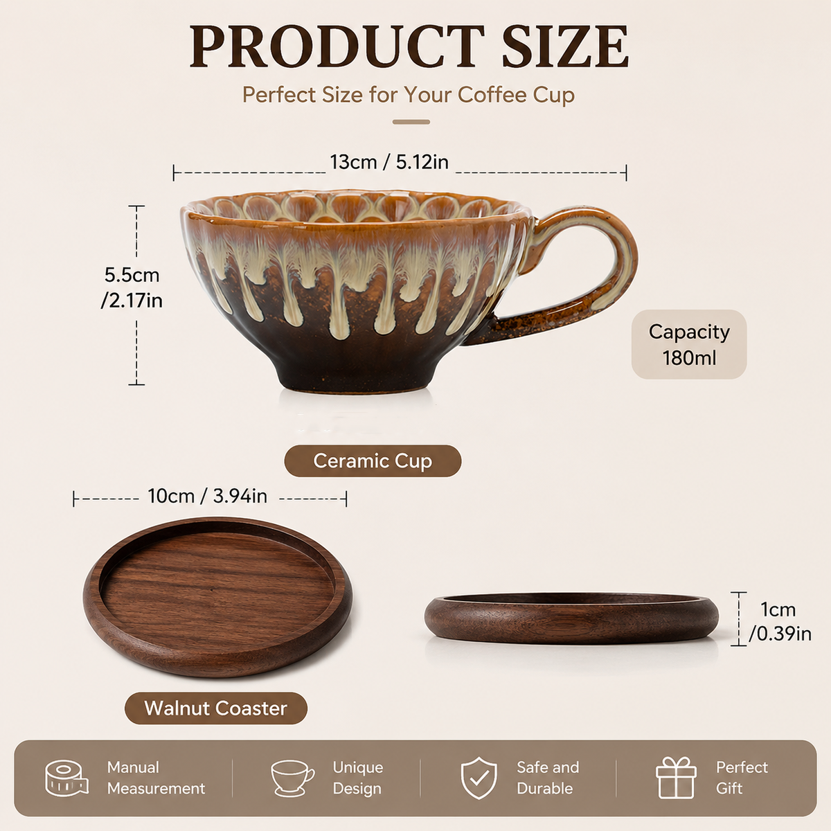 Handmade Ceramic Coffee Cup Set with Walnut Coaster – view 6