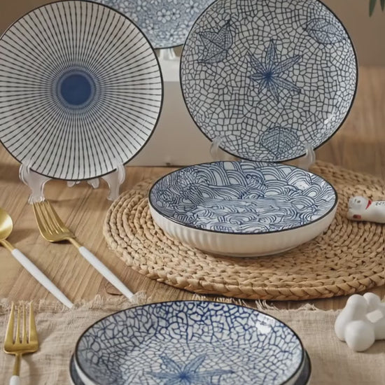 Ceramic Dinner Plates Set Of 4 Plates 4 Styles Dining Tableware High-Quality - Indigo - Size Pack of 4 pieces video