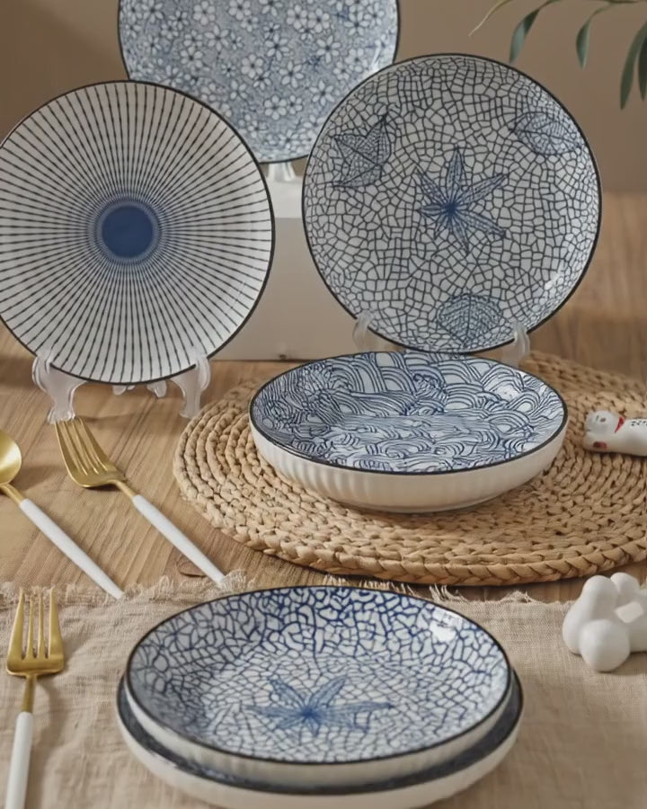 Ceramic Dinner Plates Set Of 4 Plates 4 Styles Dining Tableware High-Quality - Indigo - Size Pack of 4 pieces video